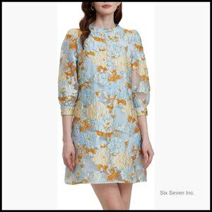 Floral Jacquard 3D Embroidered Mini Dress with 3/4 Sleeves